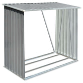 Gray galvanized steel log storage shed with sloped roof and open sides, measuring 64.2x32.7x60.6 inches.